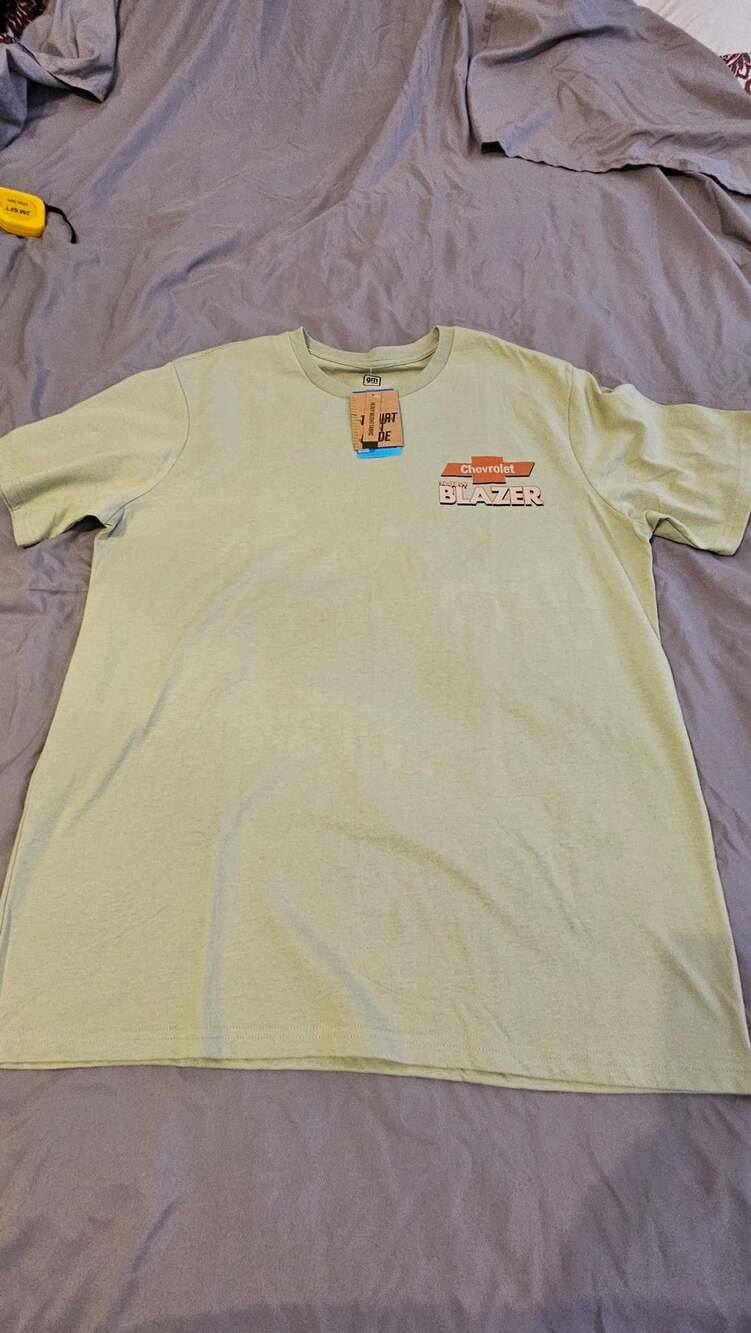 NWT, licensed Chevrolet GM graphic T-shirt in a light sage green color.